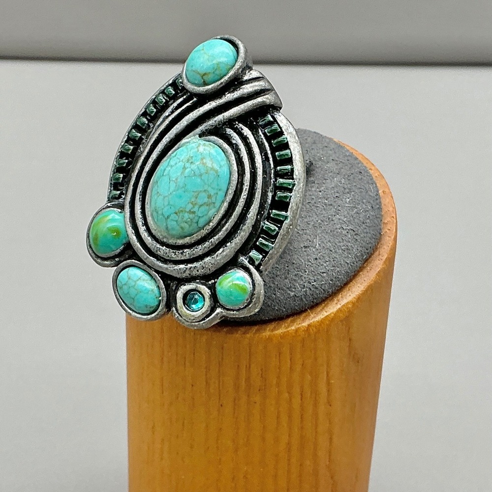 Chicos Ring Womens Silver Tone Faux Turquoise Adjustable Statement Size 6-7